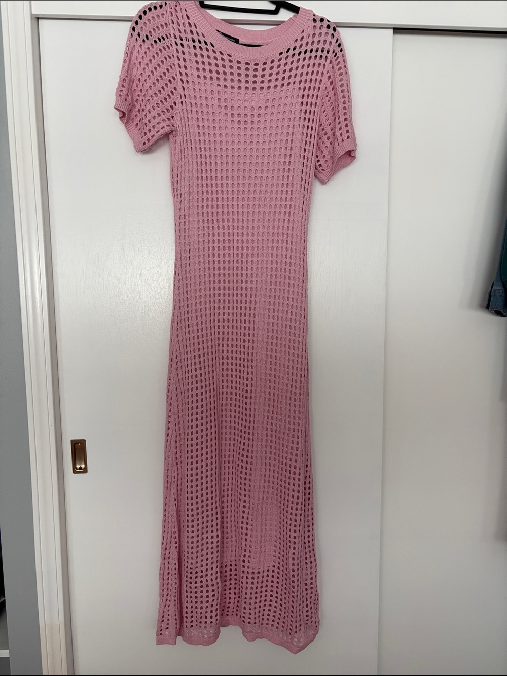 Women's Pink Crochet Maxi Dress - Lightweight Short Sleeve Knit